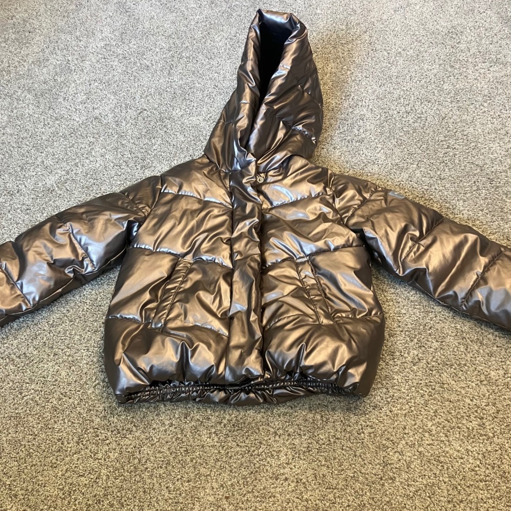 Abercrombie Kids Metallic Bronze Hooded Puffer Jacket Faux Fur Lined Size 5/6